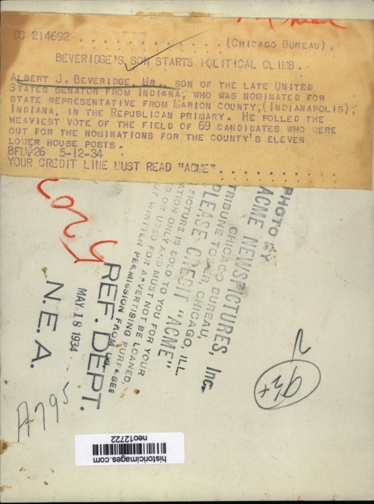 1934 Press Photo Albert Beveridge Jr Nominated for Marion County State Rep, IN