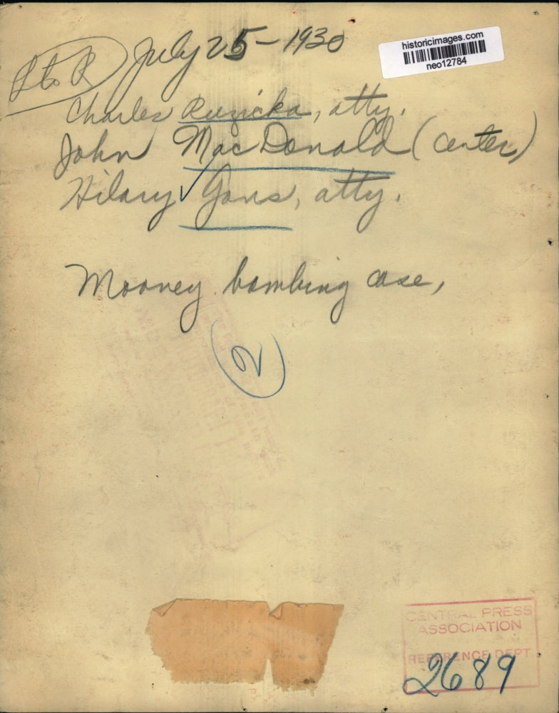 1930 Press Photo C Ruzicka, john MacDonald, Hilary Gans att at Mooney bomb case