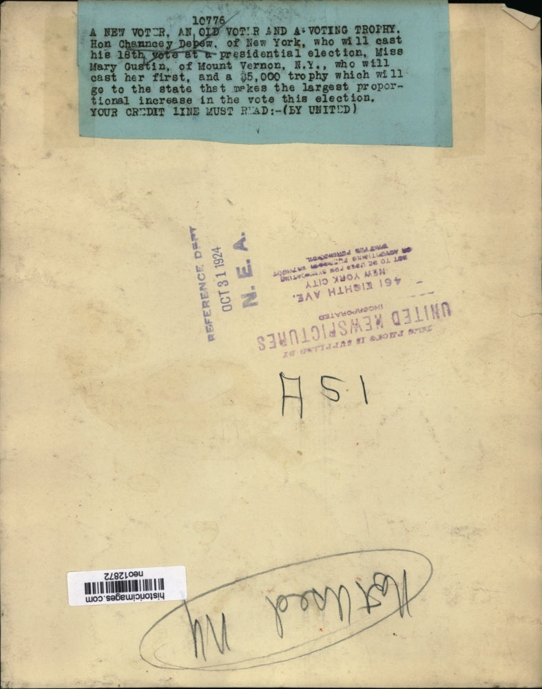 1924 Press Photo Hon Chauncey Depew casts vote with Mary Gustin in NY