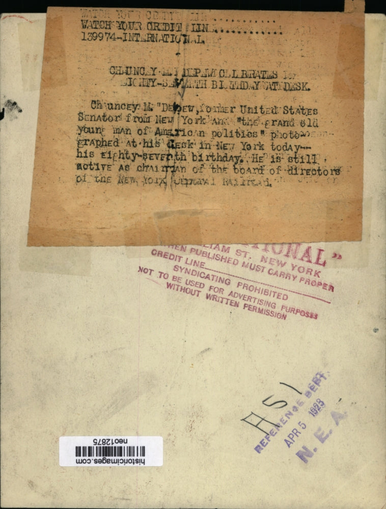 1923 Press Photo Chauncey Depew former US Senator of NY on 87 birthday