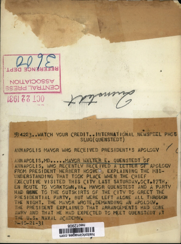 1931 Press Photo Annapolis NY Mayor Walterr E Quenstedt - neo12908