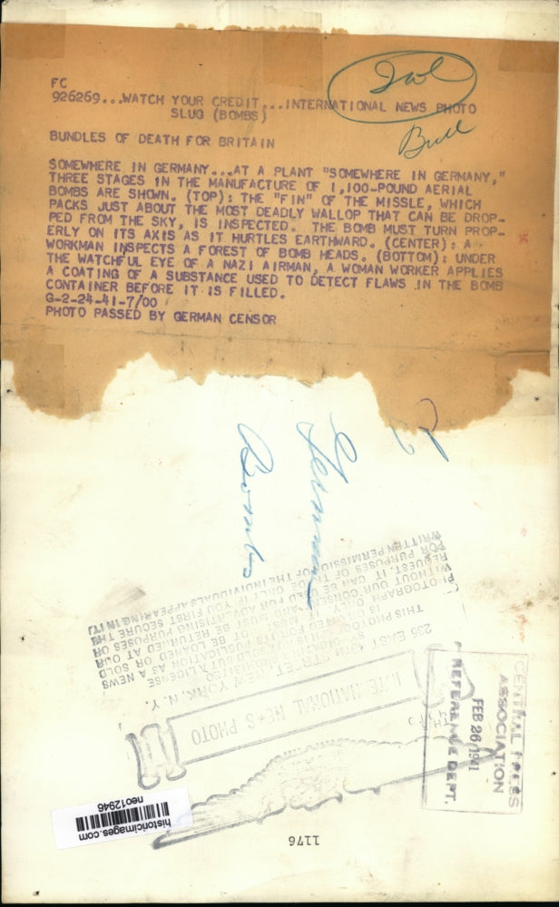 1941 Press Photo Aerial bombs at a plant somewhere in Germany - neo12946