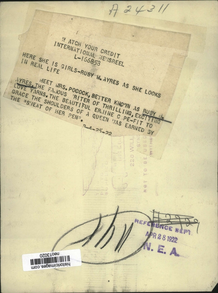 1922 Press Photo Author Ruby Ayres - neo13020