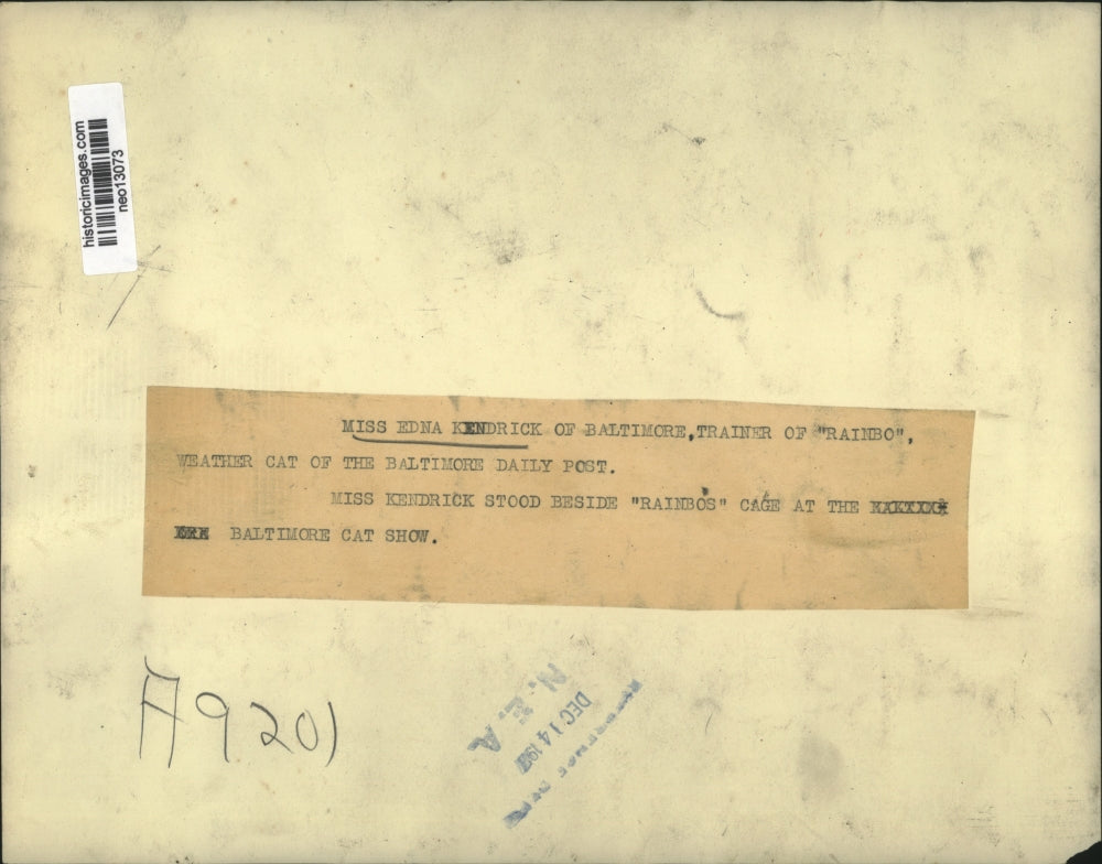 1927 Press Photo Edna Kendrick, trainer of Rainbo the Weather Cat of Baltimore