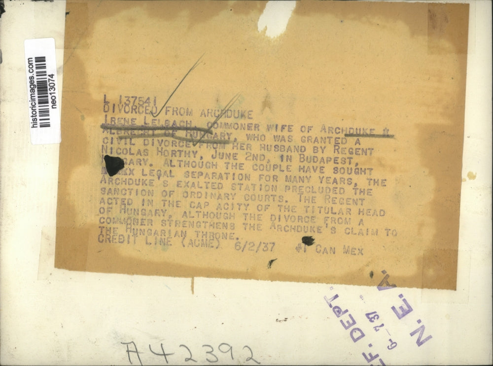 1937 Press Photo Irene Lelbach wife of Archduke Albrecht of Hungary divorced