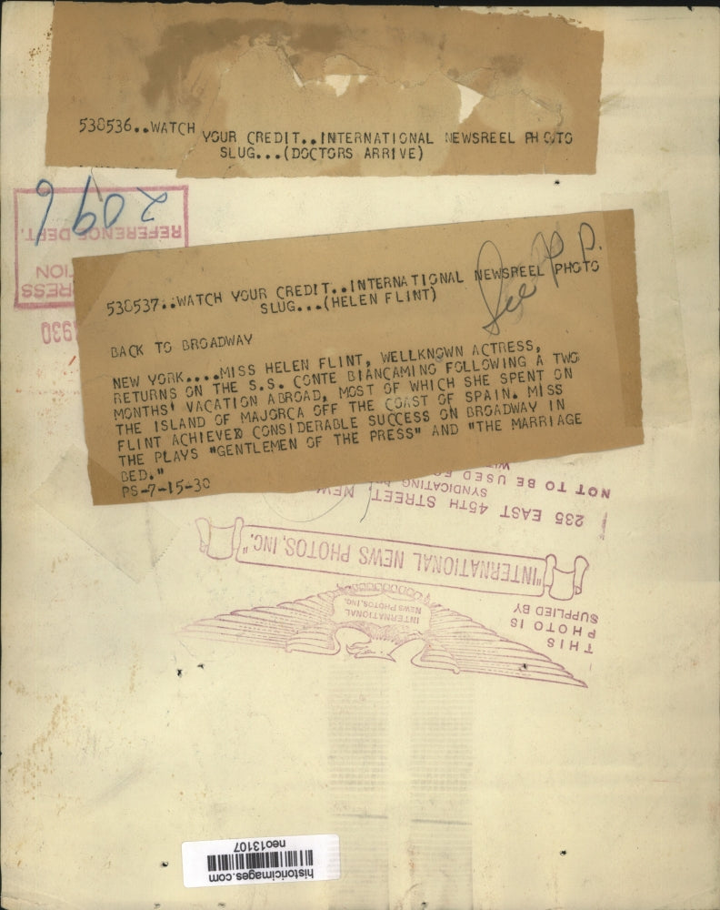 1930 Press Photo Actress Helen Flint on SS Conte Biancamino - neo13107