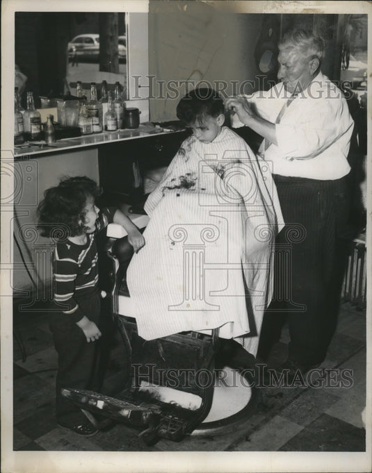 1951 Press Photo James & Joel viisit barber Frank Pietrafisi - neo13228