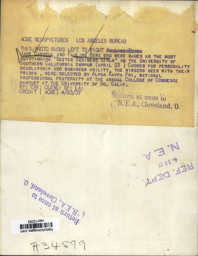 1937 Press Photo Jane Cassell & Pauline Berg, Chosen USC Better Business Girls