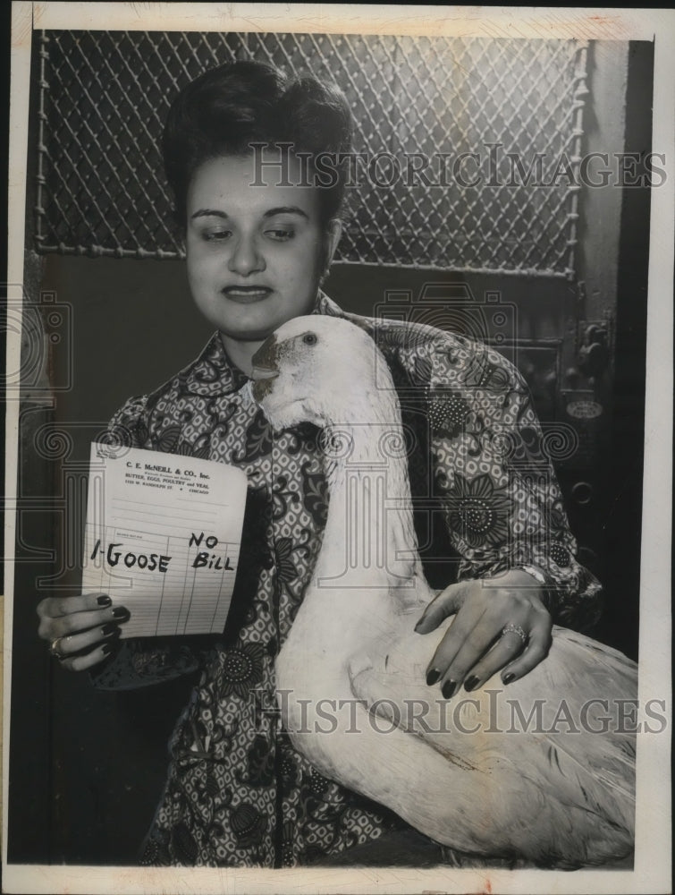 Load image into Gallery viewer, 1947 Press Photo Frances Barton with Bill-less Goose "Durante" Chicago
