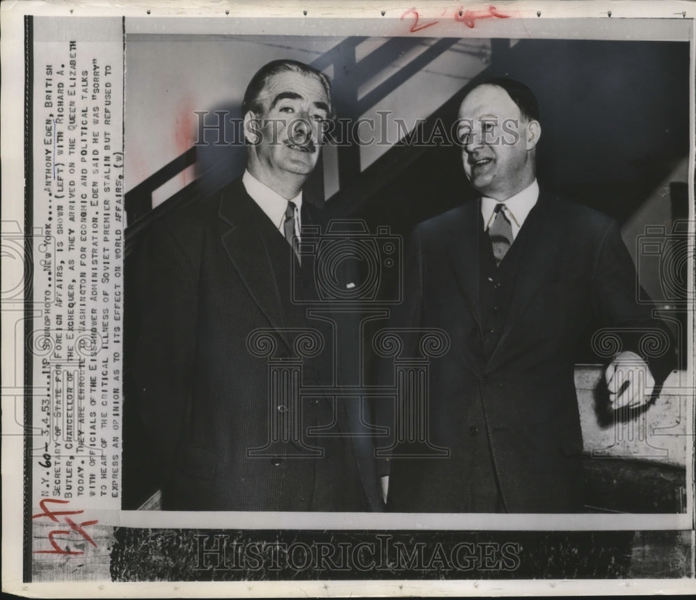 1953 Press Photo Anthony Eden L & Richard Butler R, Arriving on Queen Elizabeth