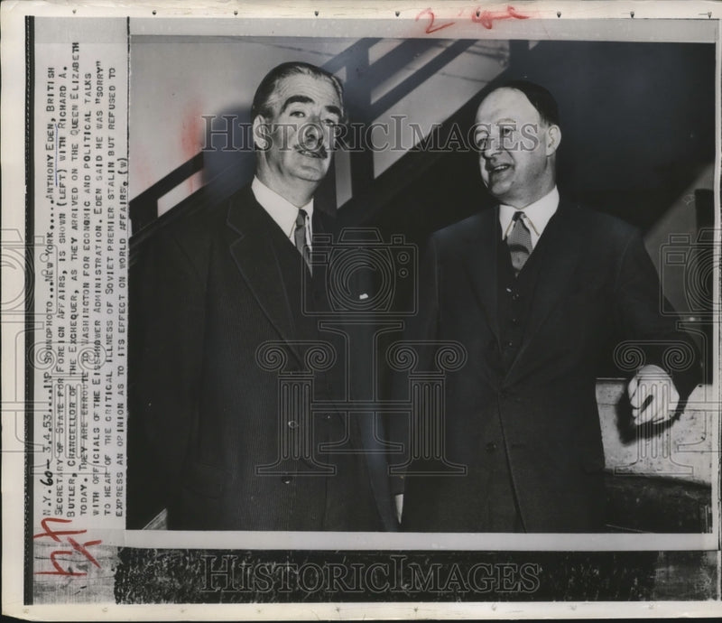 Load image into Gallery viewer, 1953 Press Photo Anthony Eden L &amp; Richard Butler R, Arriving on Queen Elizabeth
