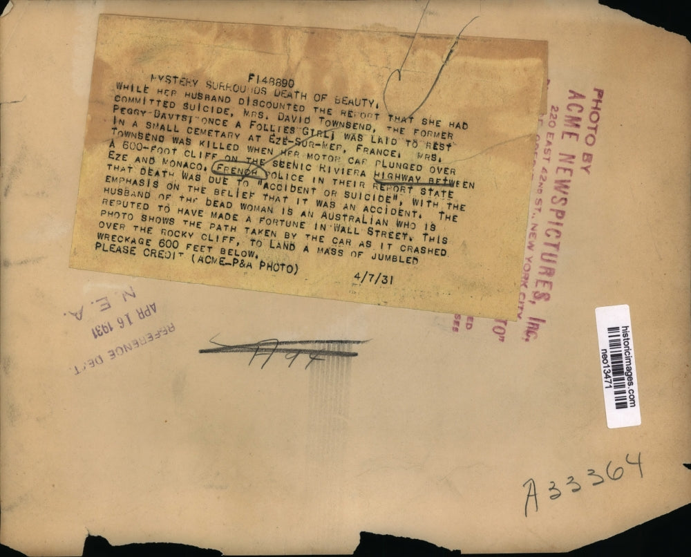 1931 Press Photo Path Taken by Car That Lead to Death of Mrs. David Townsend