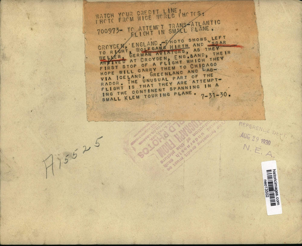 1930 Press Photo Wolfgang Hirth, Oscar Weller German Aviators in England