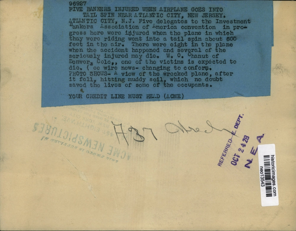 1928 Press Photo Investment Bankers of America Plane Crash, Atlantic City