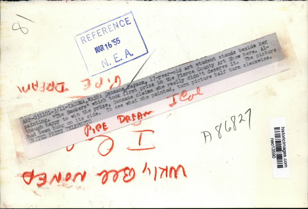 1955 Press Photo Geanne Payson art student & painting The Smokers Tacoma WA