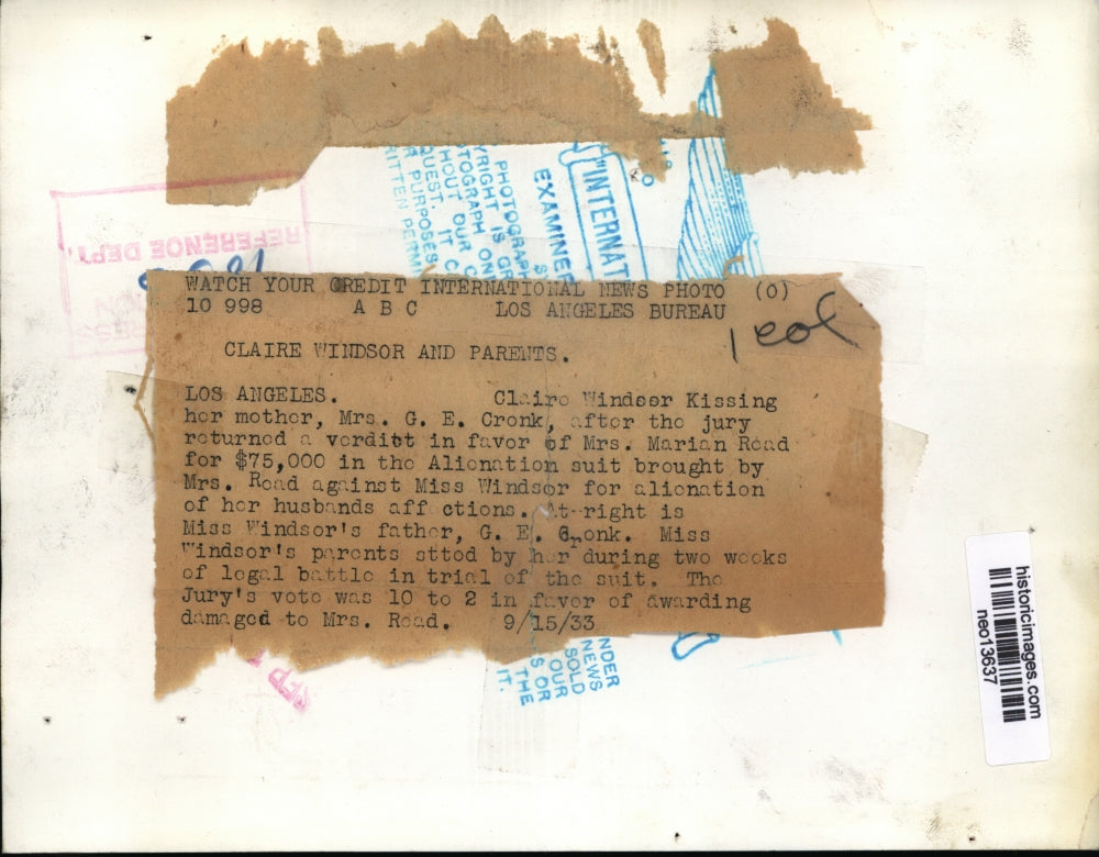 1933 Press Photo Claire Windsor & parents Mr & Mrs GE Cronk at LA trial