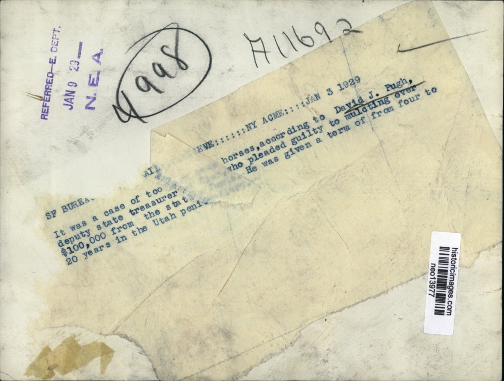 1929 Press Photo David J. Pugh, deputy state treasurer, pleads guilty