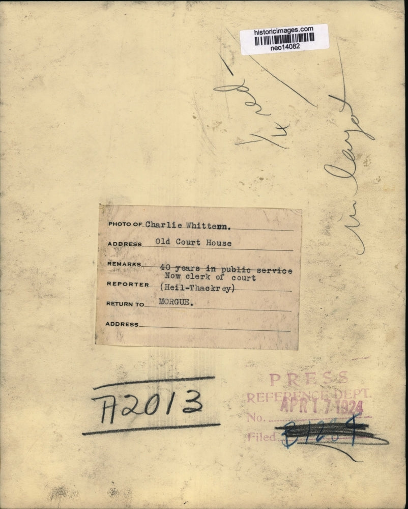 1924 Press Photo Charlie Whittern, 40 Years in Public Service Clerk of Court