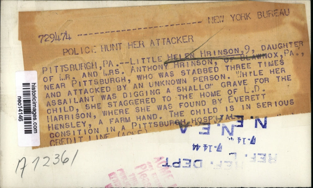 1944 Press Photo Helen Hrinson Murdered in Pittsburgh, Pennsylvania - neo14146