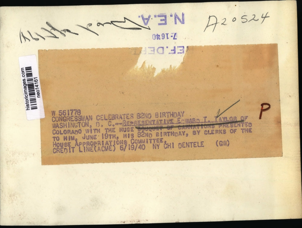 1940 Press Photo Representative Edward T Taylor of Colorado on 82nd Birthday