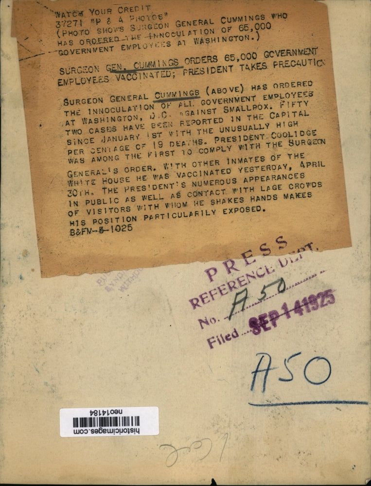 Load image into Gallery viewer, 1925 Press Photo Cummings orders 65,000 government employees to be vaccinated
