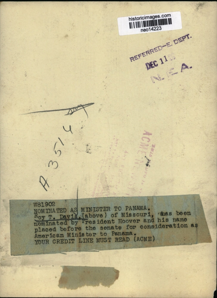 1926 Press Photo Roy T Davis nominated as American Minister to Panama