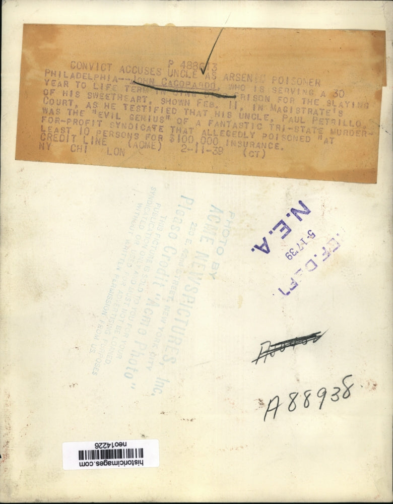 1939 Press Photo John Cacopardo serves term in prison for slaying his sweetheart