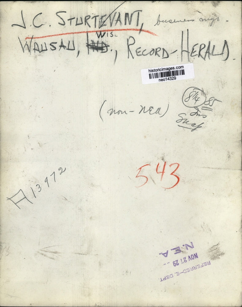 1929 Press Photo J.C. Sturtevant, Wasau, Wisconsin Record-Herald - neo14329