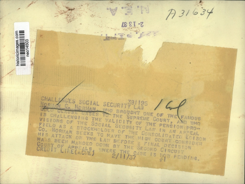 1937 Press Photo Norman C. Norman, Challenging Social Security Pension Law