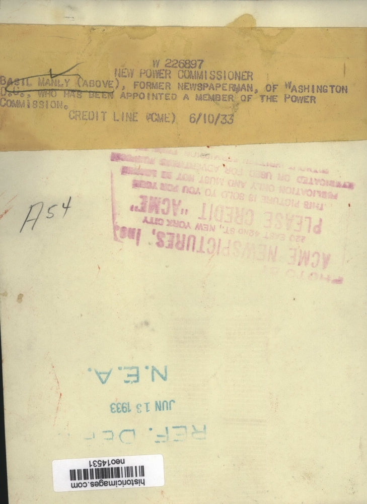 1933 Press Photo Basil Manly Power Commission Member - neo14531