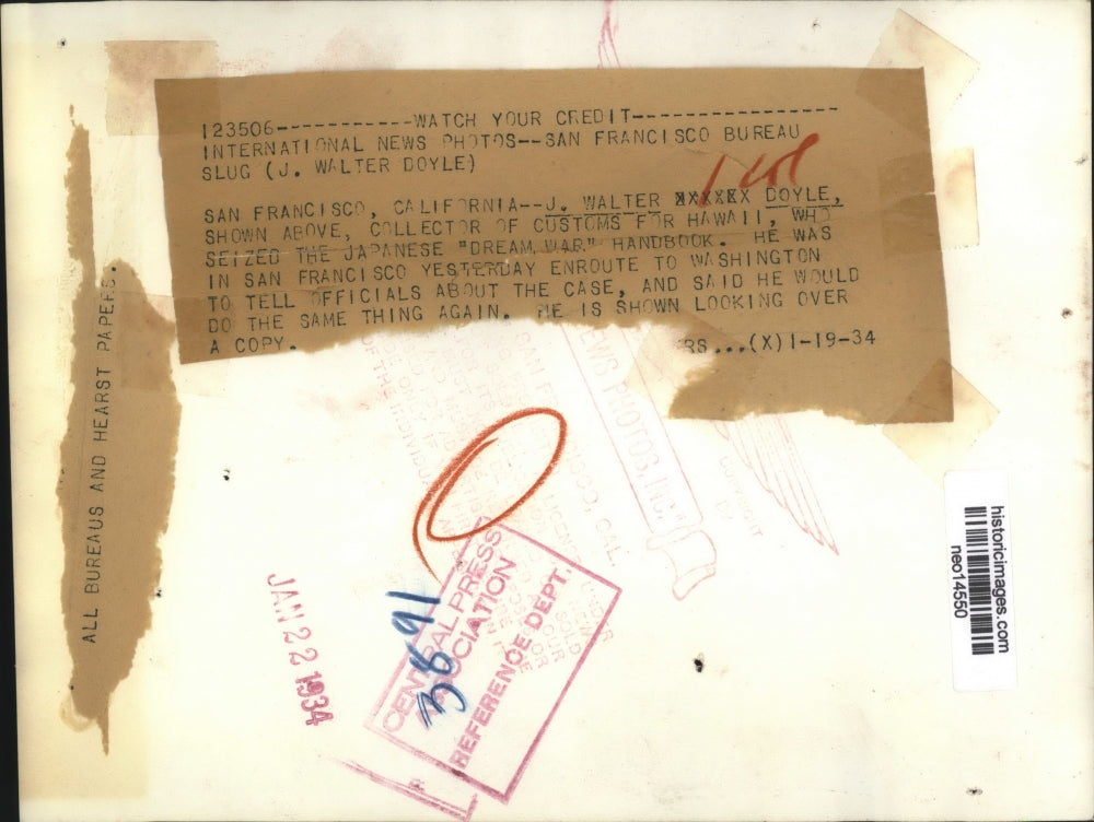 1934 Press Photo J Walter Doyle Collector of Customs for Hawaii - neo14550