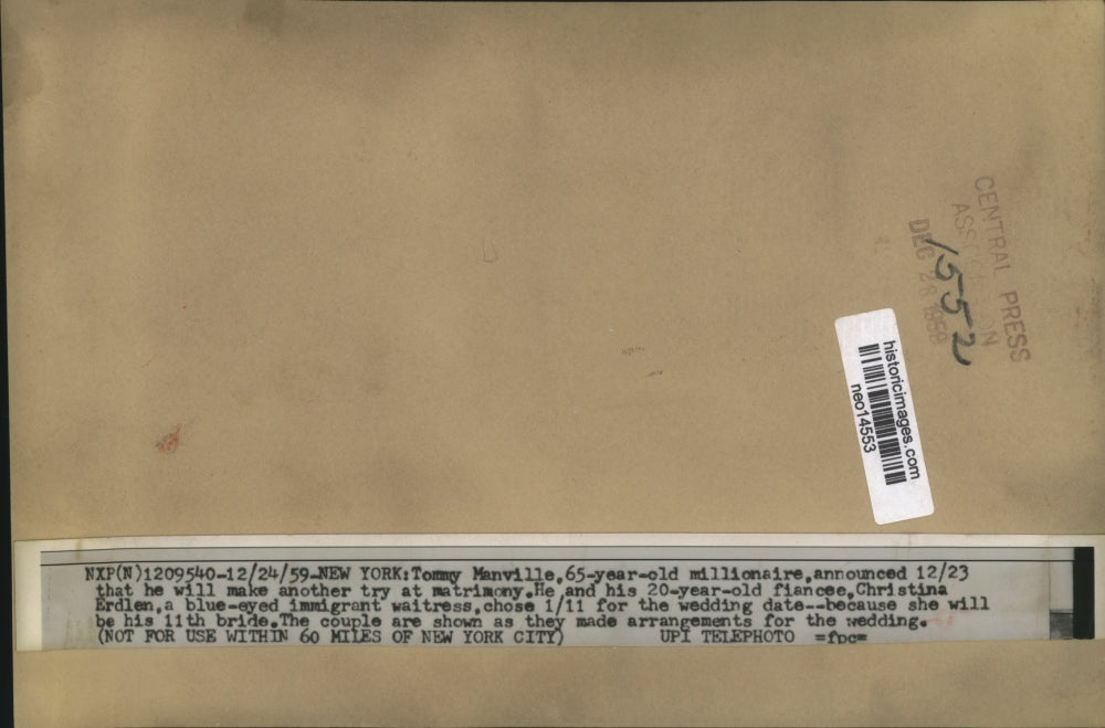 1959 Press Photo Millionare Tommy Manville to Marry Christina Erdlen - neo14553