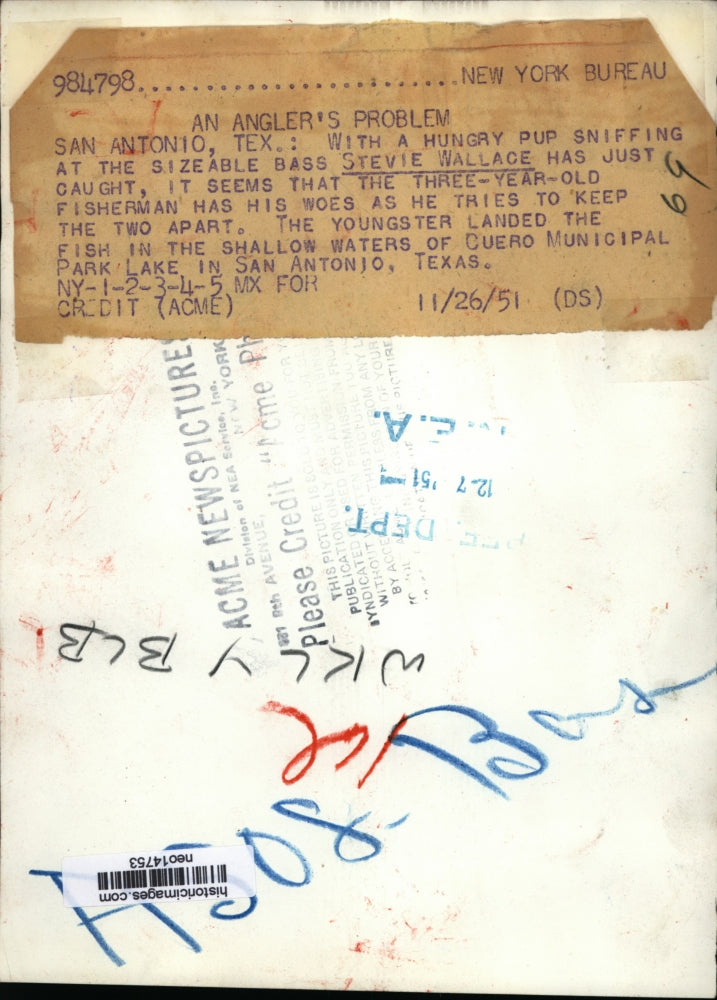 1951 Press Photo Stevie Wallace w/ Caught Fish and Dalmatian Puppy, San Antonio