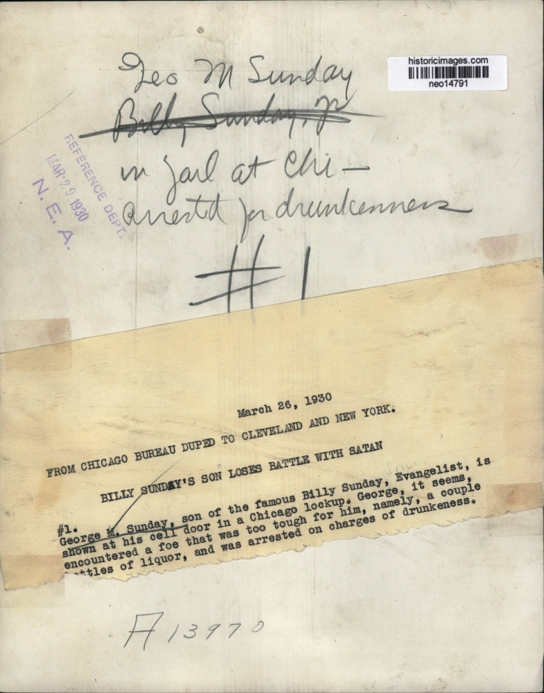 1930 Press Photo George M Sunday Arrested on Charges of Drunkeness, Chicago