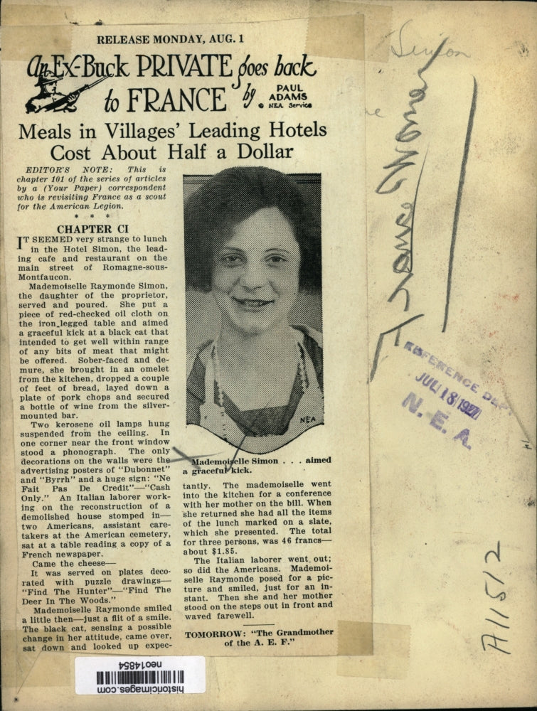 1927 Press Photo Raymonde Simon at dad's Paris restaurant - neo14854
