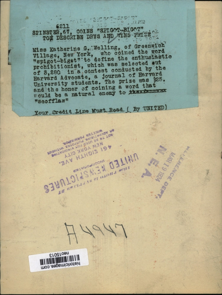 1924 Press Photo Katherine G Welling coins word spigot-bigot to describe drys