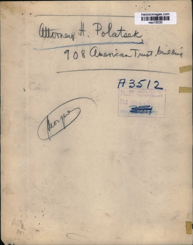 1916 Press Photo Attorney H Polatsek at American Trust building - neo15030