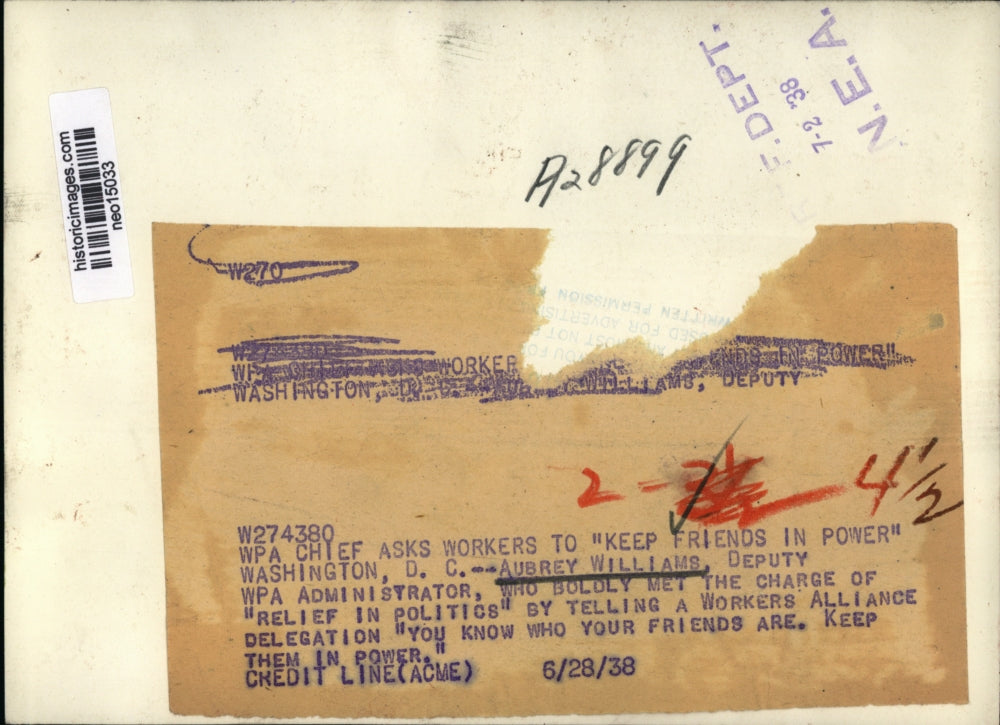 1938 Press Photo Aubrey Williams Deputy WPA administrator in Washington DC