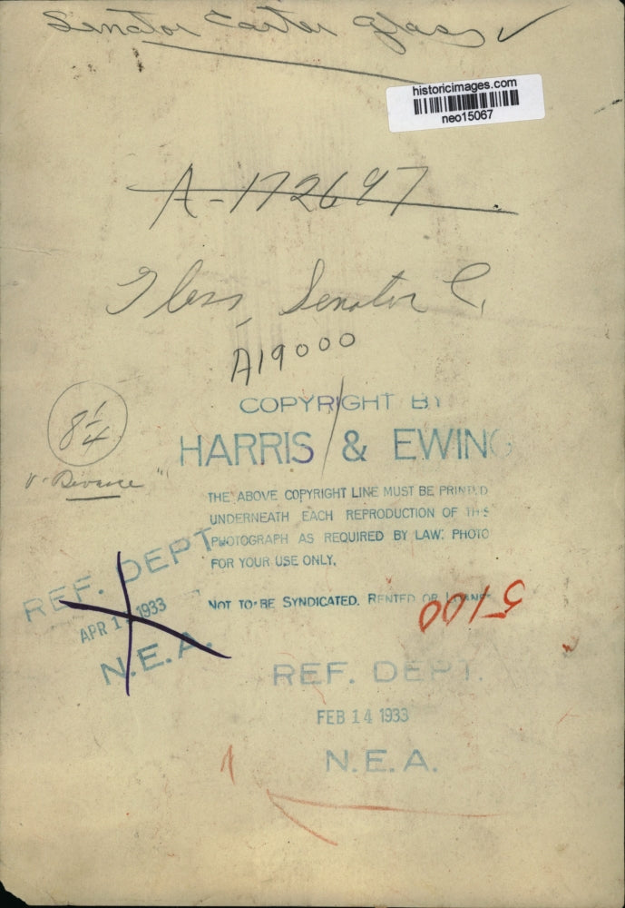 1933 Press Photo Senator Carter Glass from Virginia - neo15067