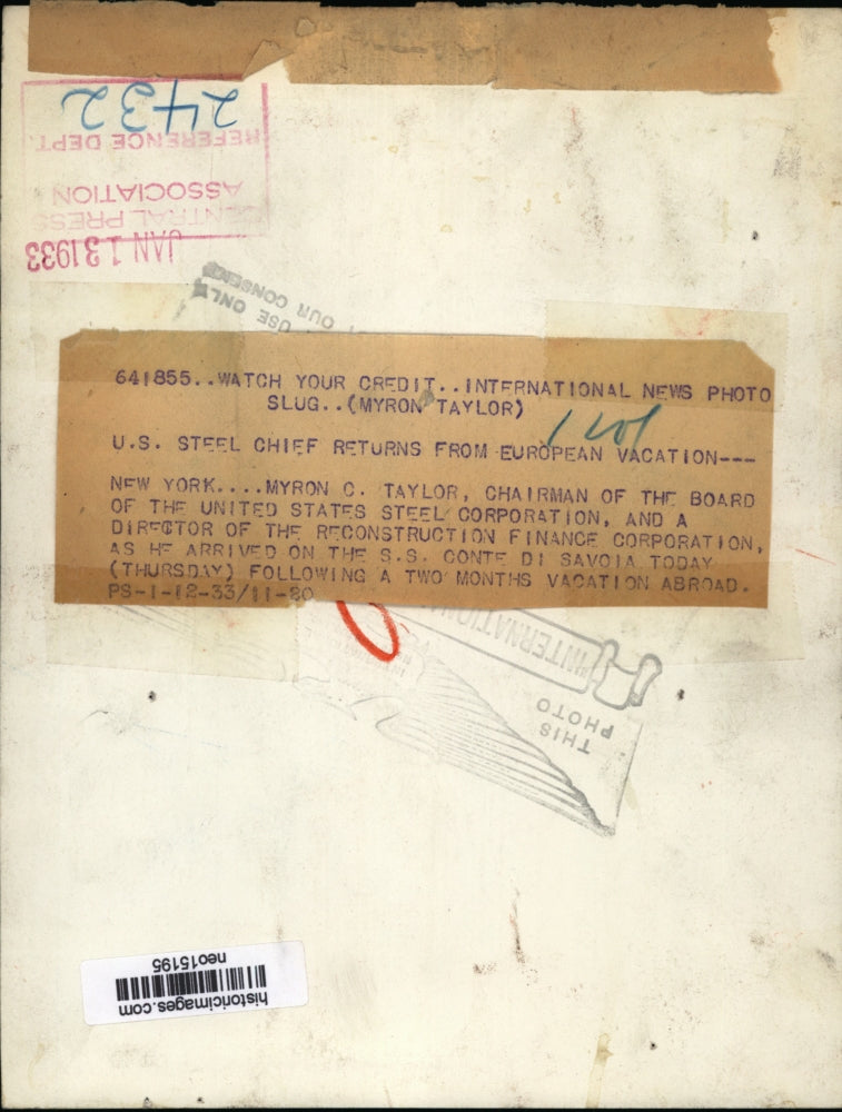 1933 Press Photo Myron C. Taylor US. Steel Chief returns from European Vacation