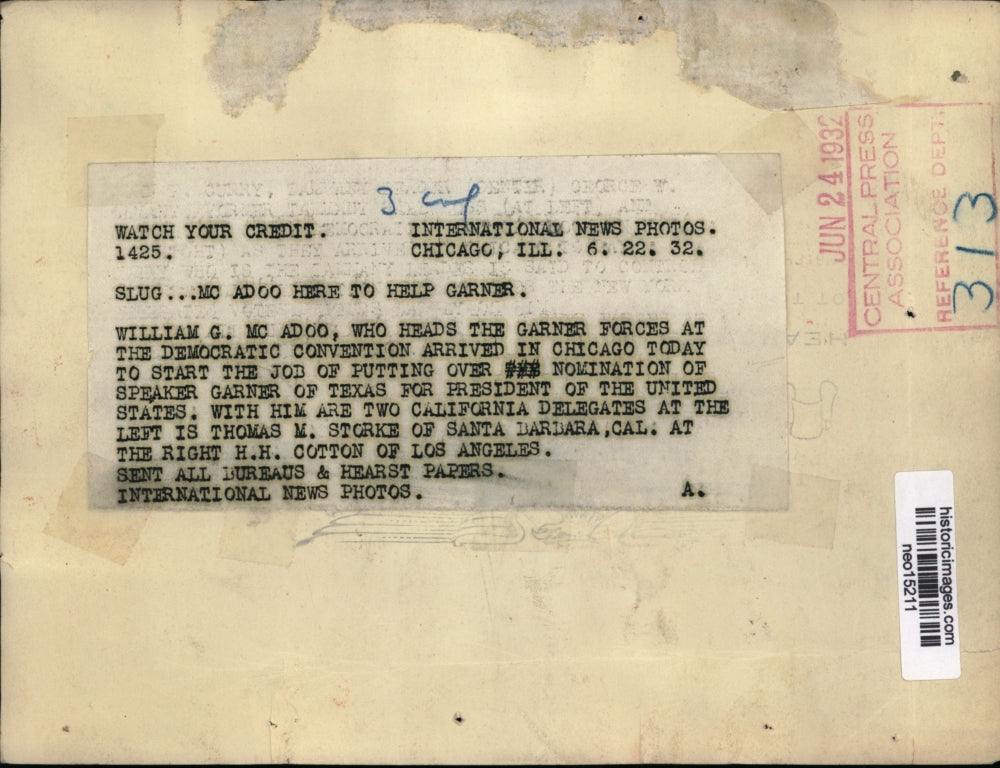 1932 Press Photo Thomas Storke, William G. McAdoo, H. H. Cotton, Dem Convention