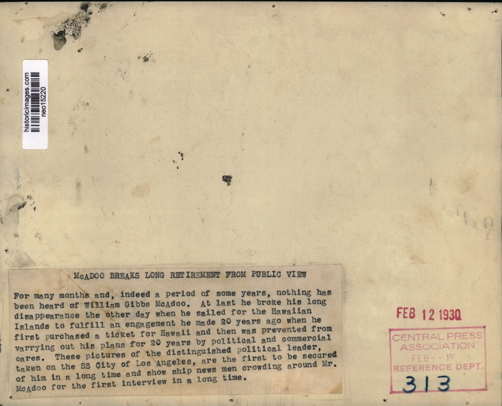 1930 Press Photo politician William McAdoo aboard SS City of Los Angeles