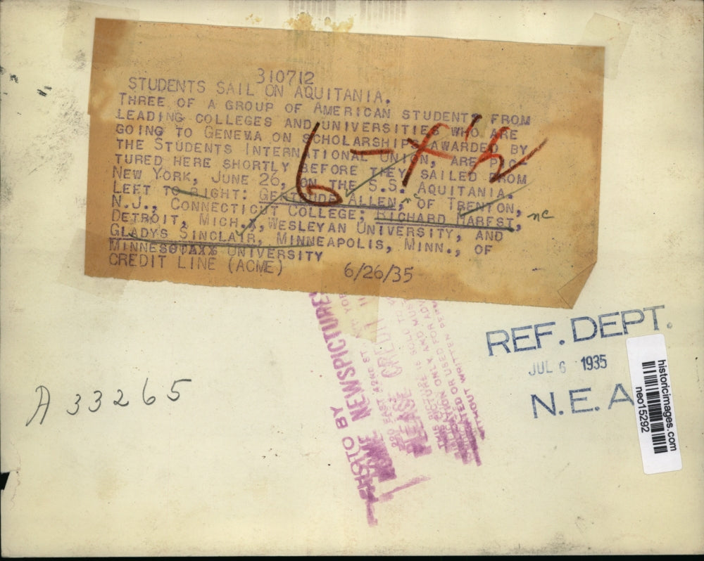 1935 Press Photo American students go to Geneva on Scholarship sail from NY