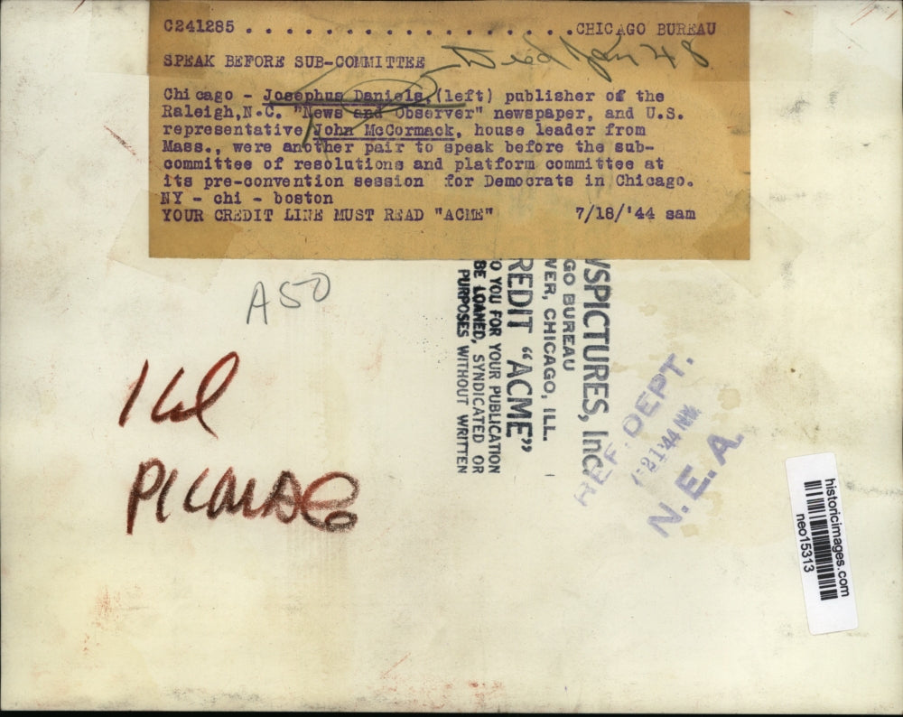 1944 Press Photo Paper Man Josephus Daniels and US Rep. John McCormack