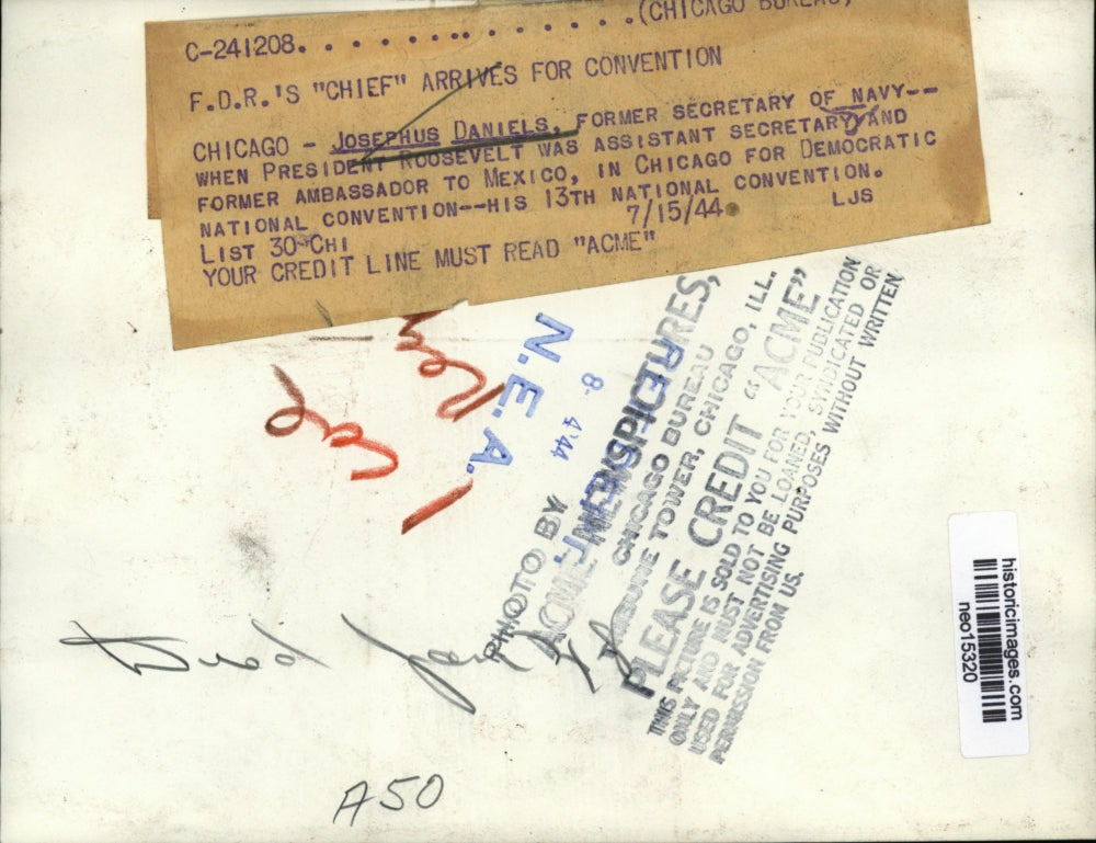 1944 Press Photo Josephus Daniels in Chicago for National Democratic Convention