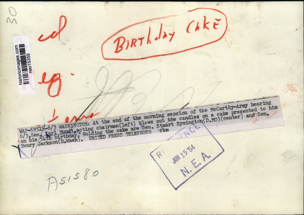 1954 Press Photo Karl Mundt Celebrates 54th Birthday, McCarthy Army Hearing