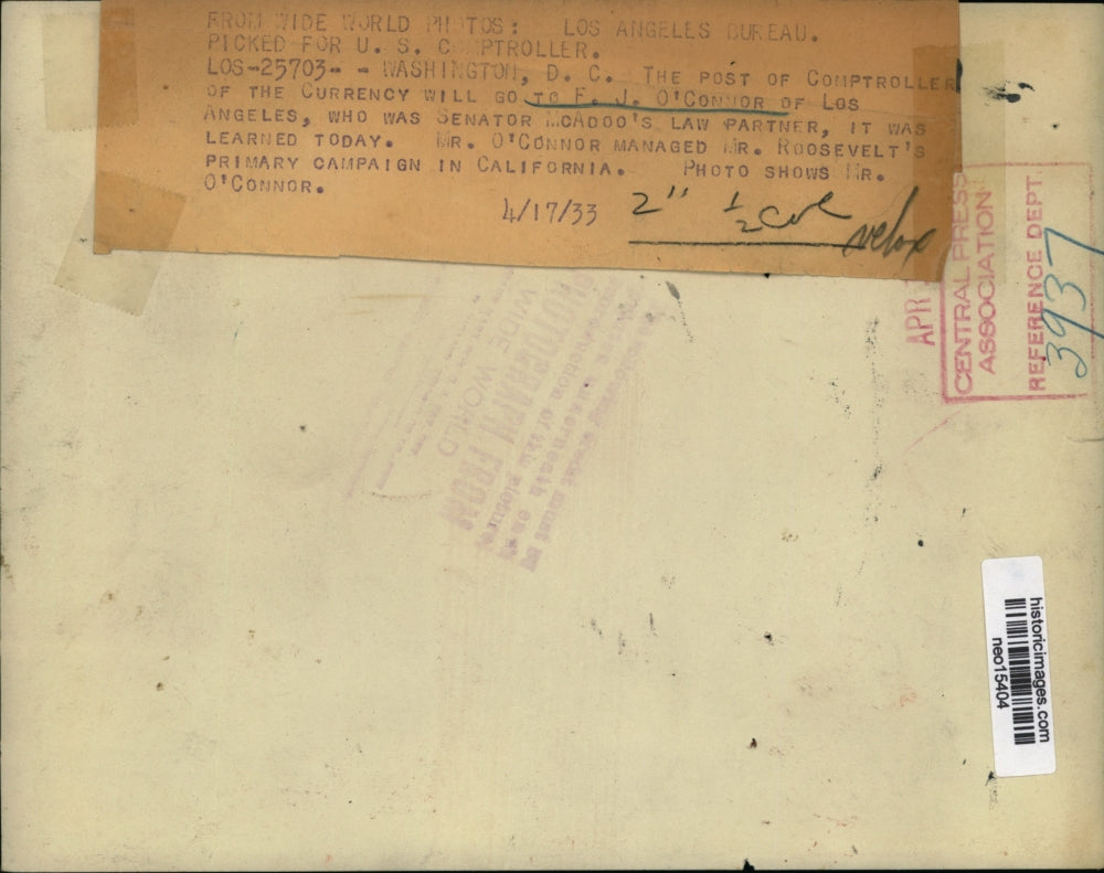 1933 Press Photo F.J. O'Connor to Receive Post of Controller of the Currency