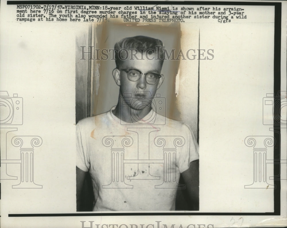 1957 Press Photo William Niemi Shown After Arraignment for Killing Mom & Sister