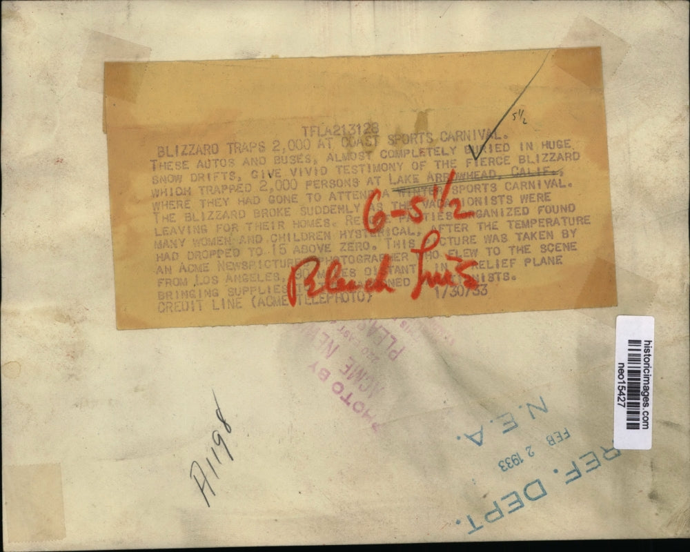 1933 Press Photo 2,000 People Stranded at Lake Arrowhead After Flash Blizzard