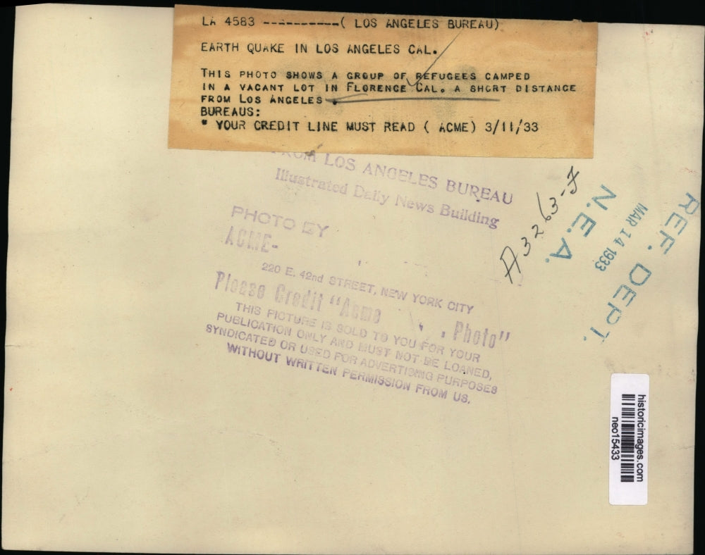 1933 Press Photo Earth Quake Refugees Camped in Vacant Lot in Florence, CA